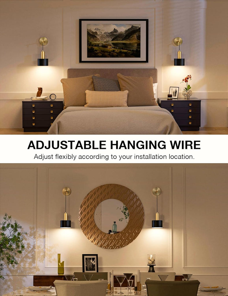 Battery Operated Wall Sconce Set of 2, Gold & Black Wireless Rechargeable Wall Lights with 5200mAh Dimmable