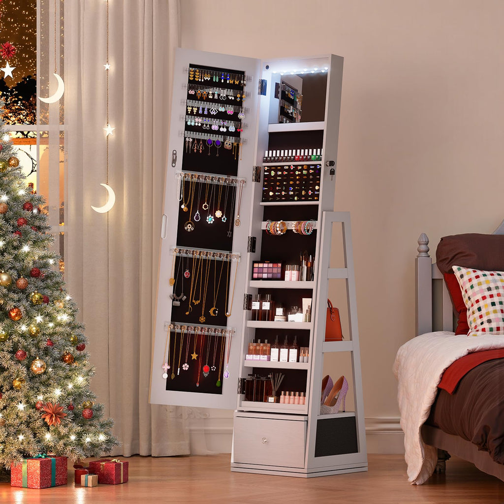 Rotatable 6 LEDs Jewelry Armoire With Drawer, White