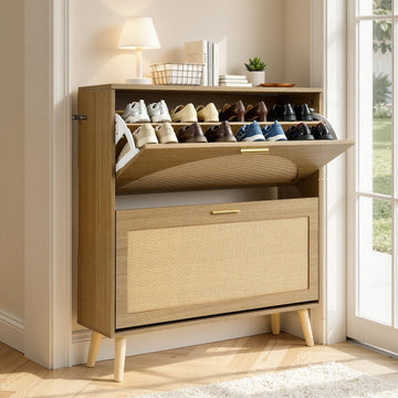 Rattan Shoe Cabinet, 16 Pairs, 2 Flip Drawers, Adjustable Shelves