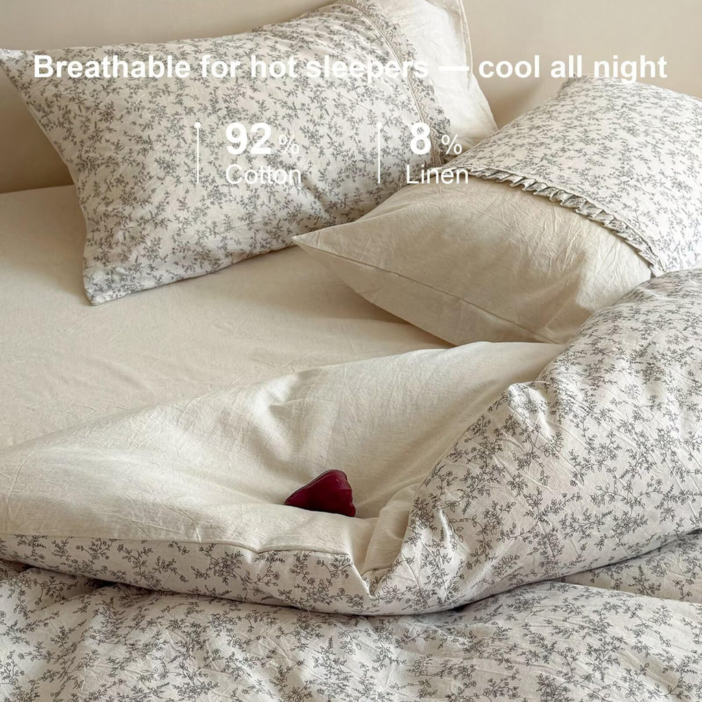 Floral Duvet Cover with 2 Pillowcases, 80"×90", Cotton Linen
