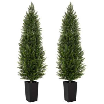 7FT Artificial Topiary Trees with Black Planter, Tall UV Resistant Fake Cedar Tree for Outdoor, Faux Shrubs Plants