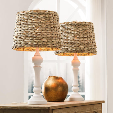 26" Boho Rattan Table Lamps Set of 2, Coastal Bedside Lamps with Rattan Shade, Farmhouse Cottage Wicker Lamps