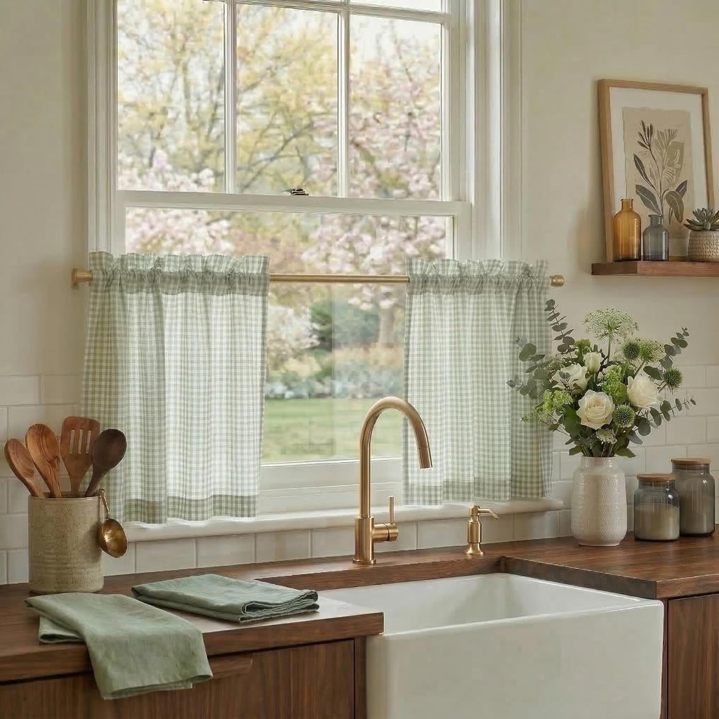 Sheer Linen Curtains 24 Inch Length, Light Green Plaid Cafe Curtains for Living Room Bedroom, Farmhouse Bathroom