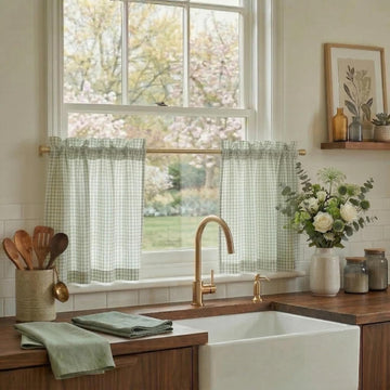 Sheer Linen Curtains 24 Inch Length, Light Green Plaid Cafe Curtains for Living Room Bedroom, Farmhouse Bathroom