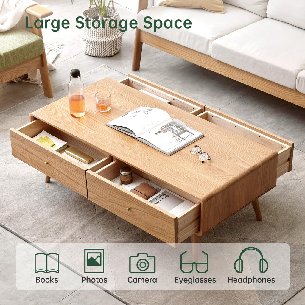 Fully-Assembled 100% Oak Wood Coffee Table with Storage