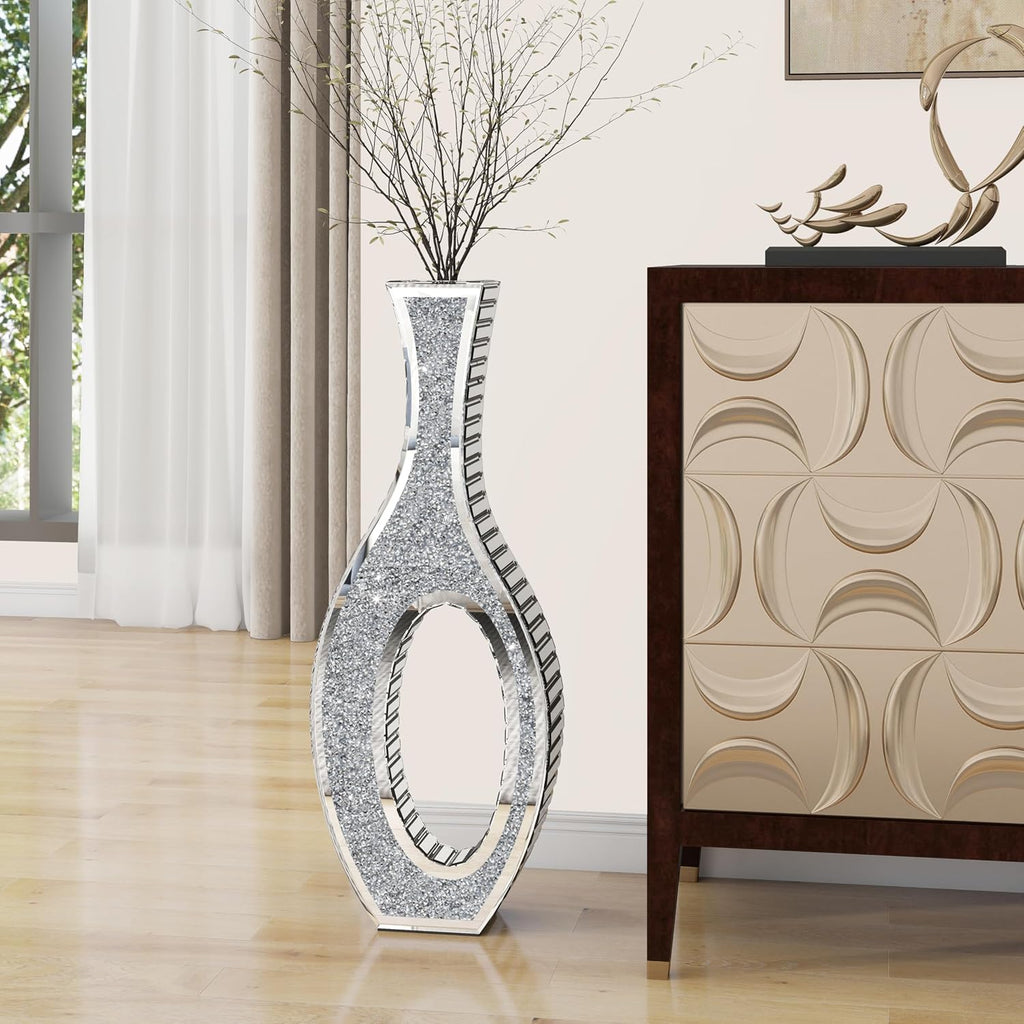 Floor Vase Crushed Diamond Mirrored Vase 30" Tall, Large Silver Tall Vases for Floor Crystal Hollow Decorative Glass