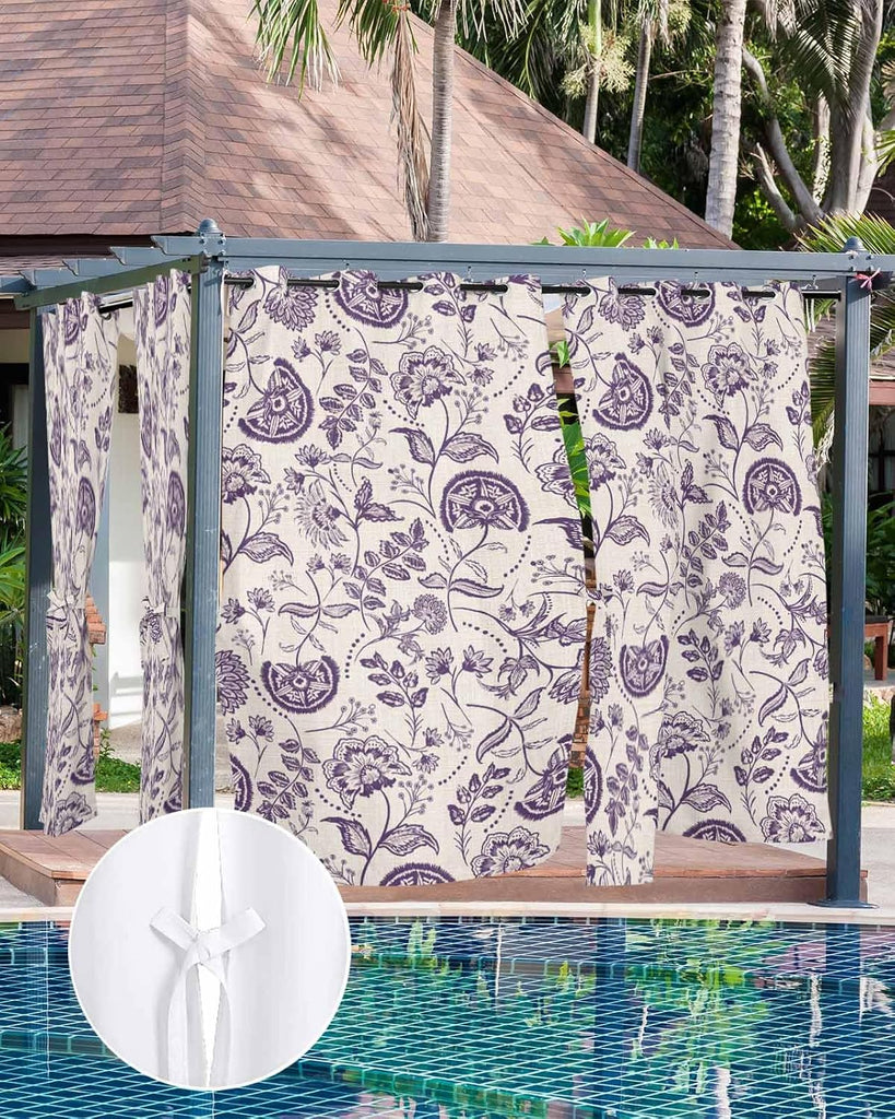 Outdoor Curtains Waterproof, Farmhouse Dark Purple Floral Linen Boho Paisley Flower Rustic Grommet Weatherproof