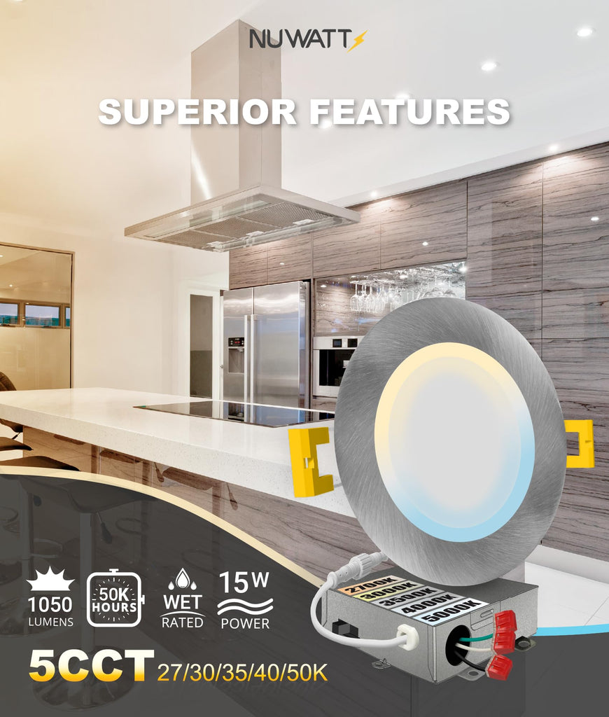 Canless 6 inch Brushed Nickel LED Recessed Lights, 2700K-5000K, 6 PK