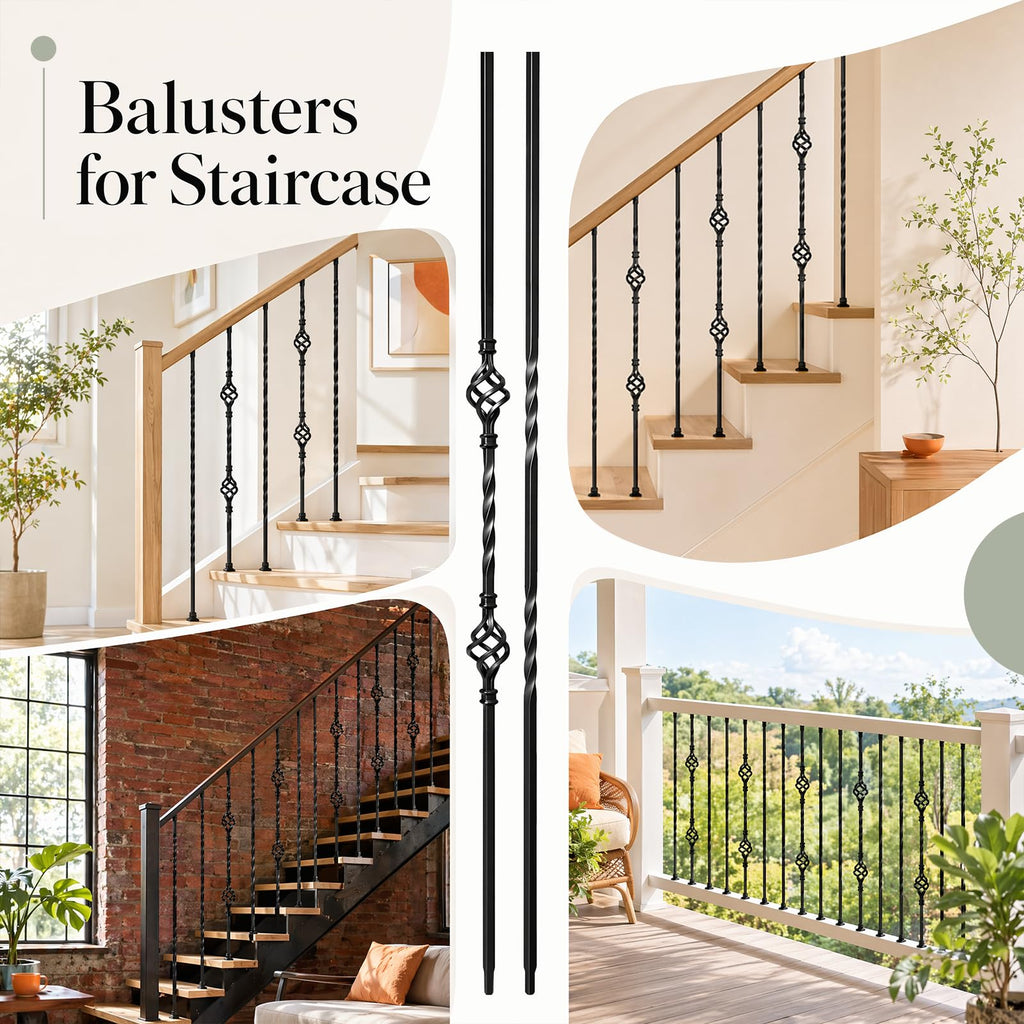 16 Pcs Wrought Iron Balusters for Staircase Interior, 44" Hollow Double Basket with Double Twist Metal Stair Spindles