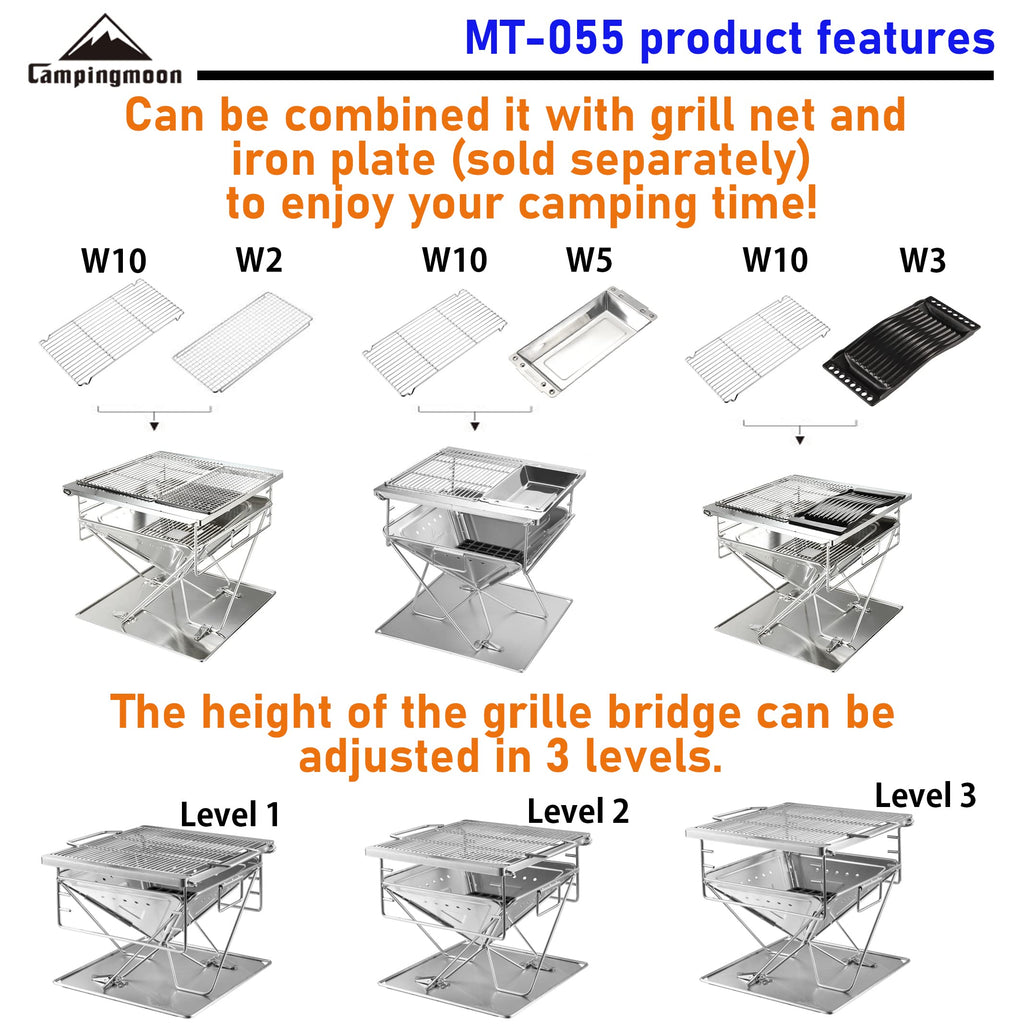 Campingmoon BBQ Grill Fire Pit Foldable Stainless Steel - Extra Large