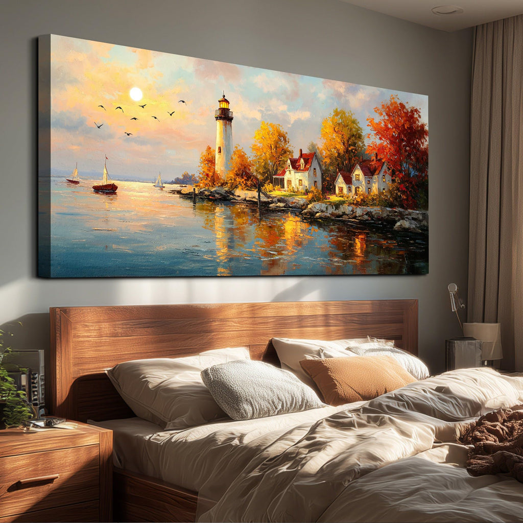 Lighthouse wall art Large Ocean Theme Wall Decor Coastal Landscape Decorations Beach Scene Canvas Wall Art Nautical
