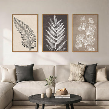 Large Boho Fern Leaf Botanical Framed Canvas Wall Art Set, Vintage Abstract Brown Beige Leaves Flower Wall Decor