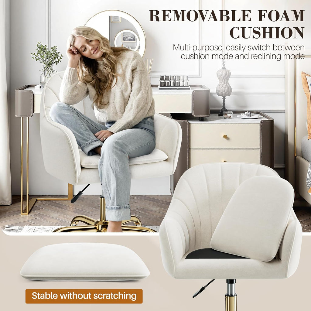 Vanity Chair with Wheels, Comfy Home Office Desk Chairs Adjustable Modern Velvet Makeup Vanity Chairs for Bedroom