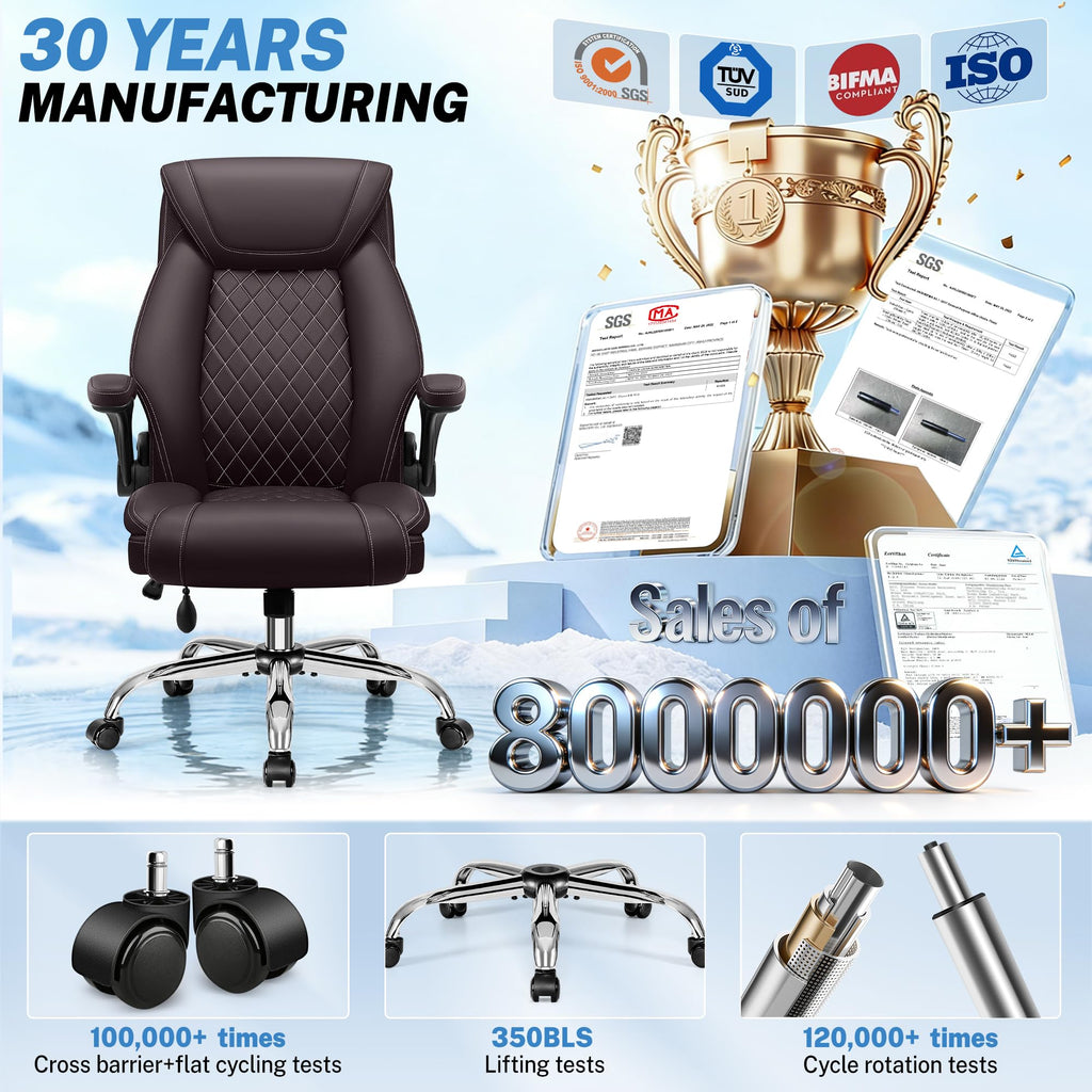 Executive Office Chair with Lumbar Support, Big and Tall Ergonomic Computer Desk Chair, Leather Comfy High Back