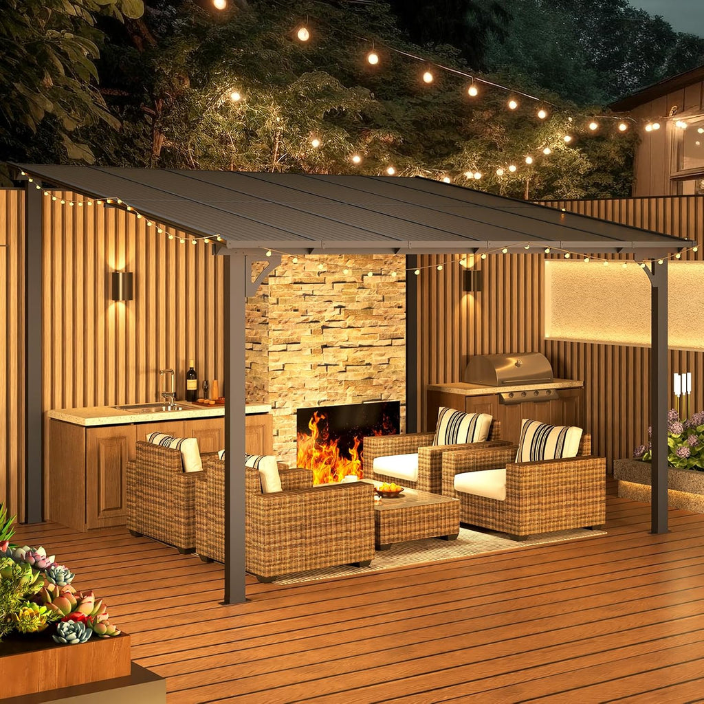 Wall Gazebo12' x 10', Hard Top Gazebos Pergola on Clearance, Outdoor Patio Lean to Gazebo Canopy Awnings and More
