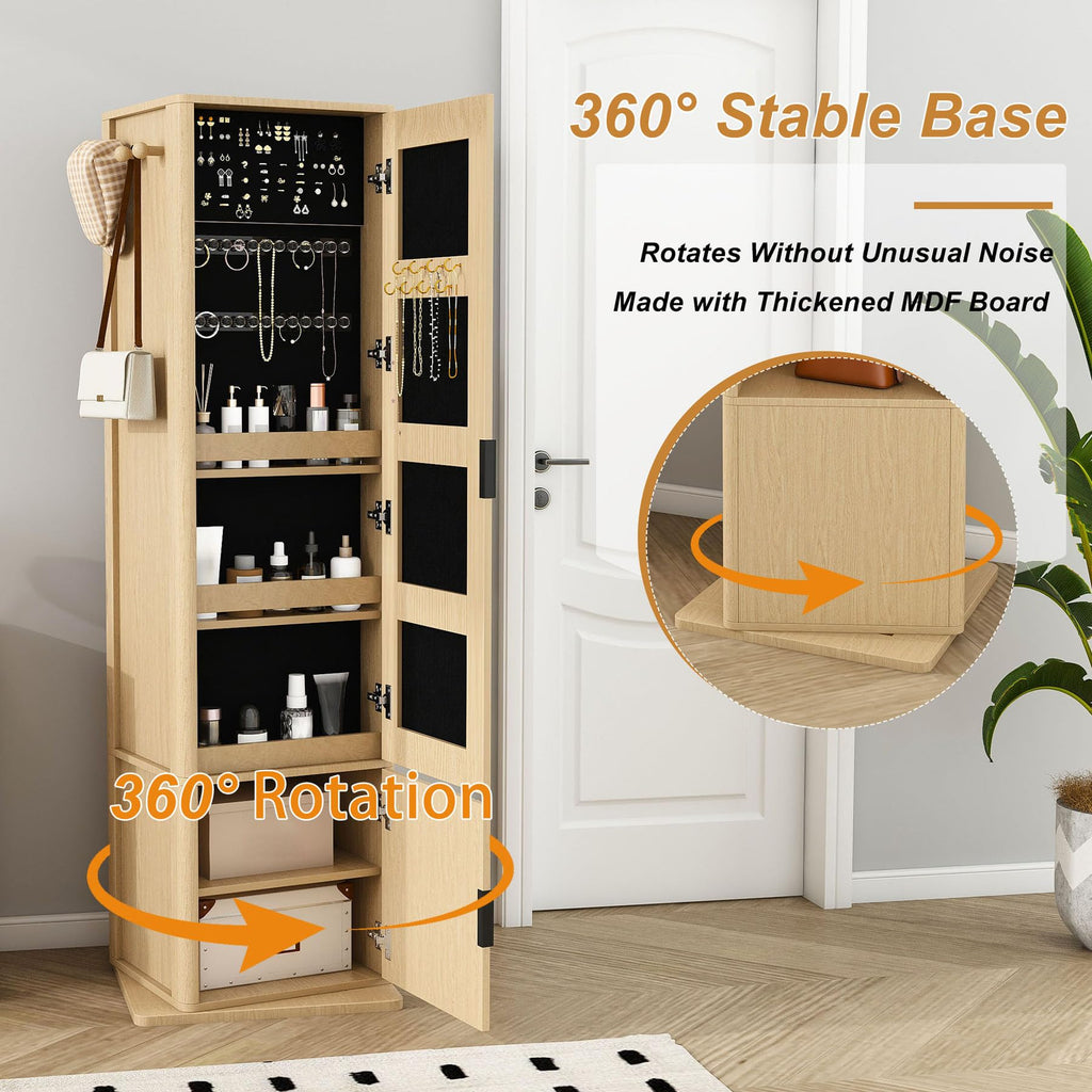 360° Swivel Jewelry Cabinet Makeup Jewelry Armoire with Full Length Mirror, Standing Storage Cabinet with a Coat