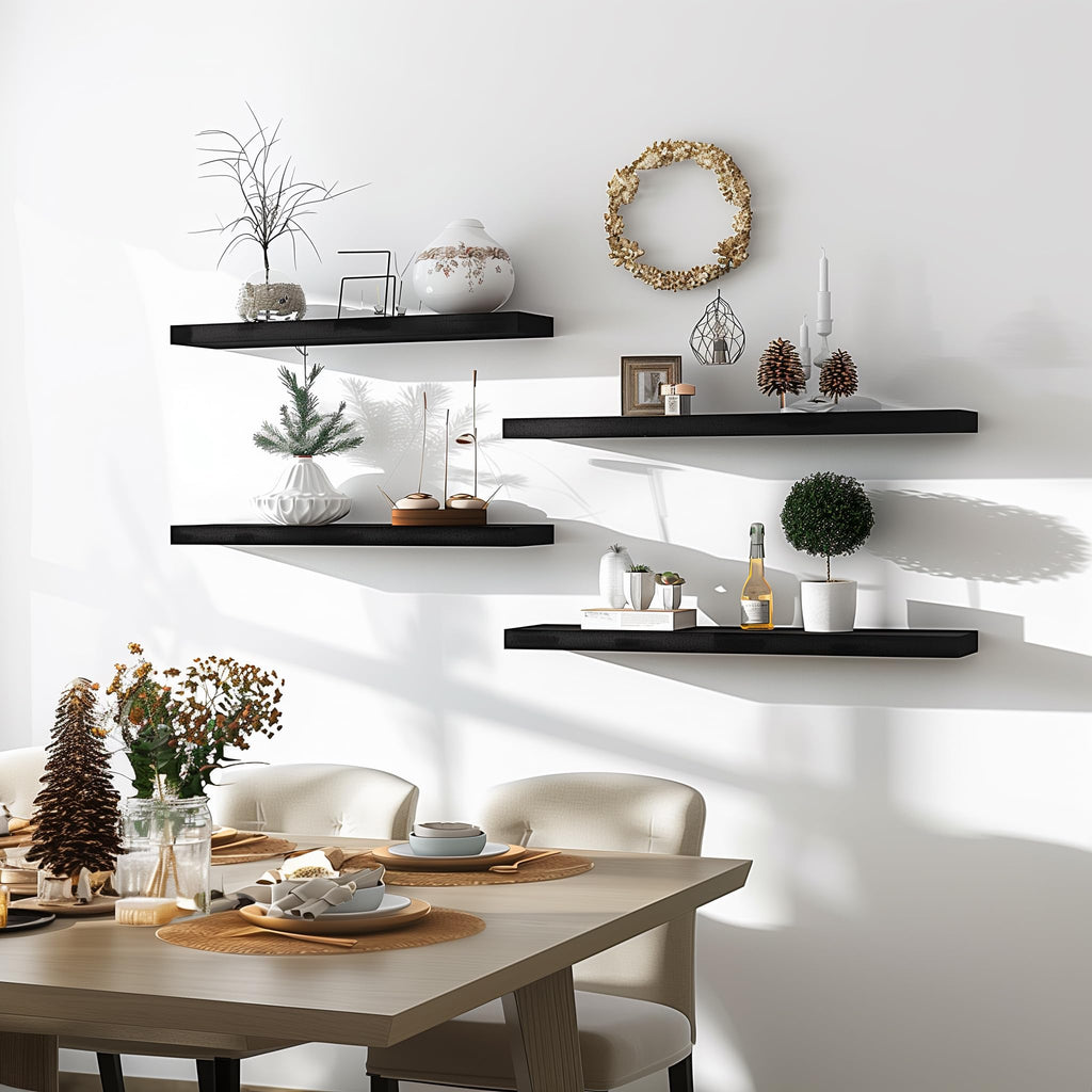 24 Inch Wood Floating Shelves for Wall, Wooden Wall Shelves, Set of 6 Black