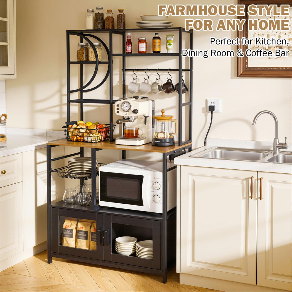 Bakers Rack with Power Outlet and Storage, Kitchen Bakers Rack with Cabinet & 10 Hooks, Coffee Bar Cabinet, Microwave