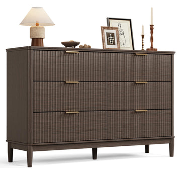 Fluted Dresser with 6 Drawers, Mid Century Modern Chest of Drawers with Gold Metal Handles, Wide Boho Wood Dressers