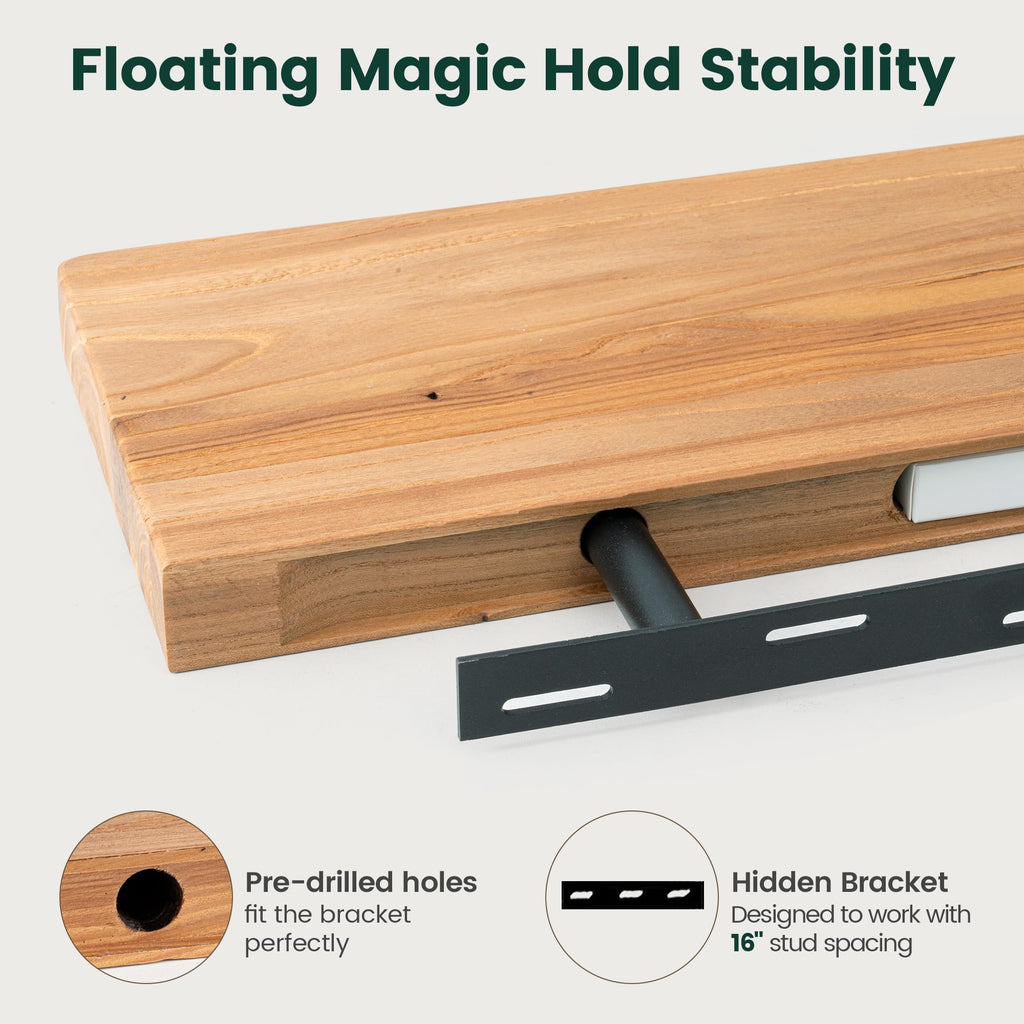 55in Solid Elm Wood Floating Shelves for Wall, Natural, Set of 1