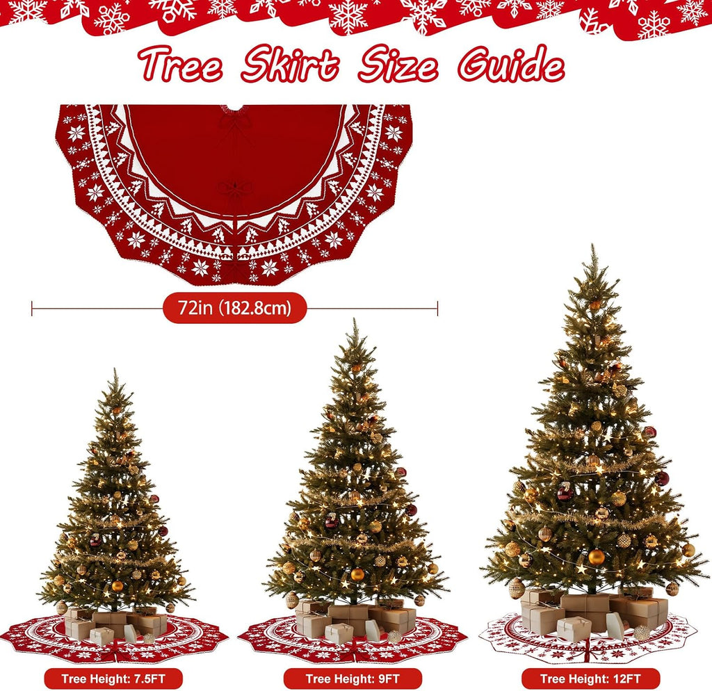 72 Inch Christmas Tree Skirt, Large Double-Sided Knit Snowflake Tree Skirts