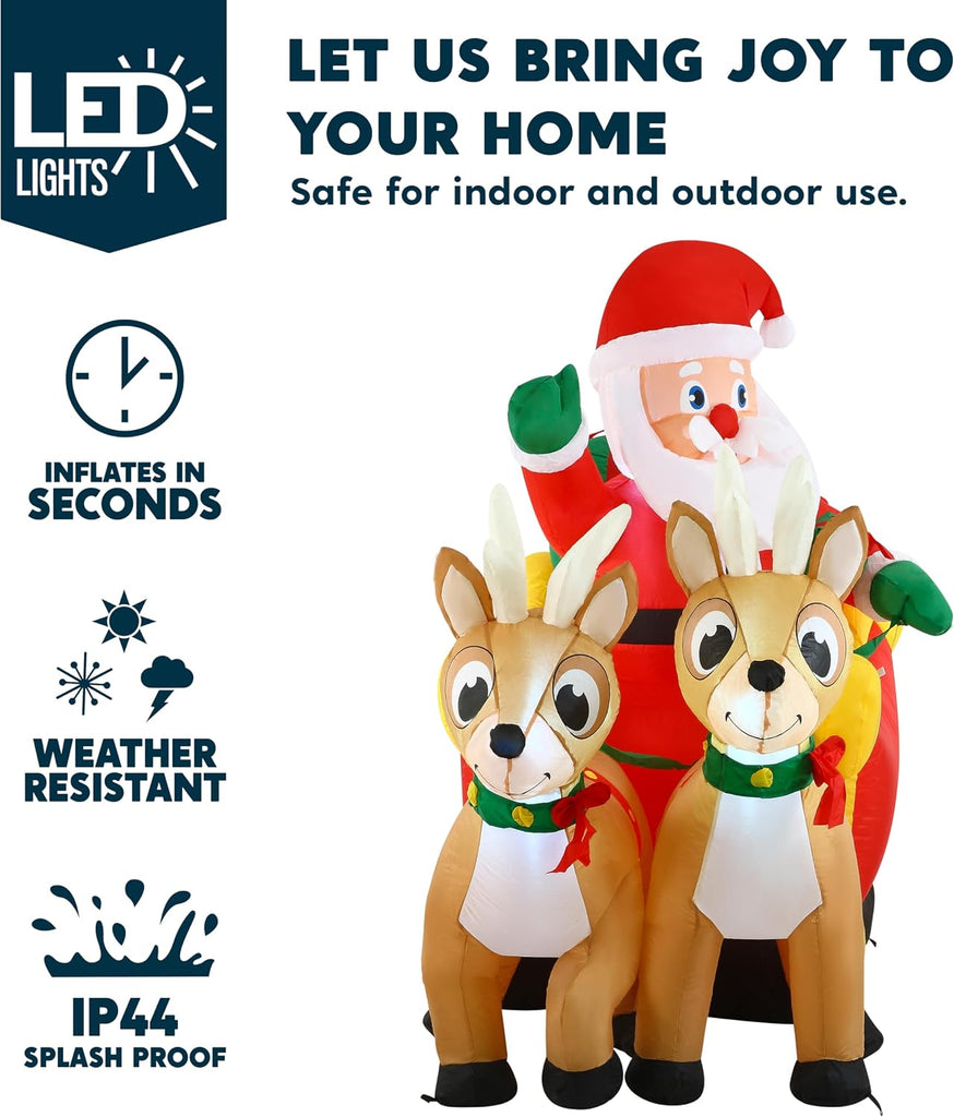 6 FT Long Christmas Inflatable Santa on Sleigh with 2 Reindeer, Inflatable Christmas Yard Decorations with Build-in