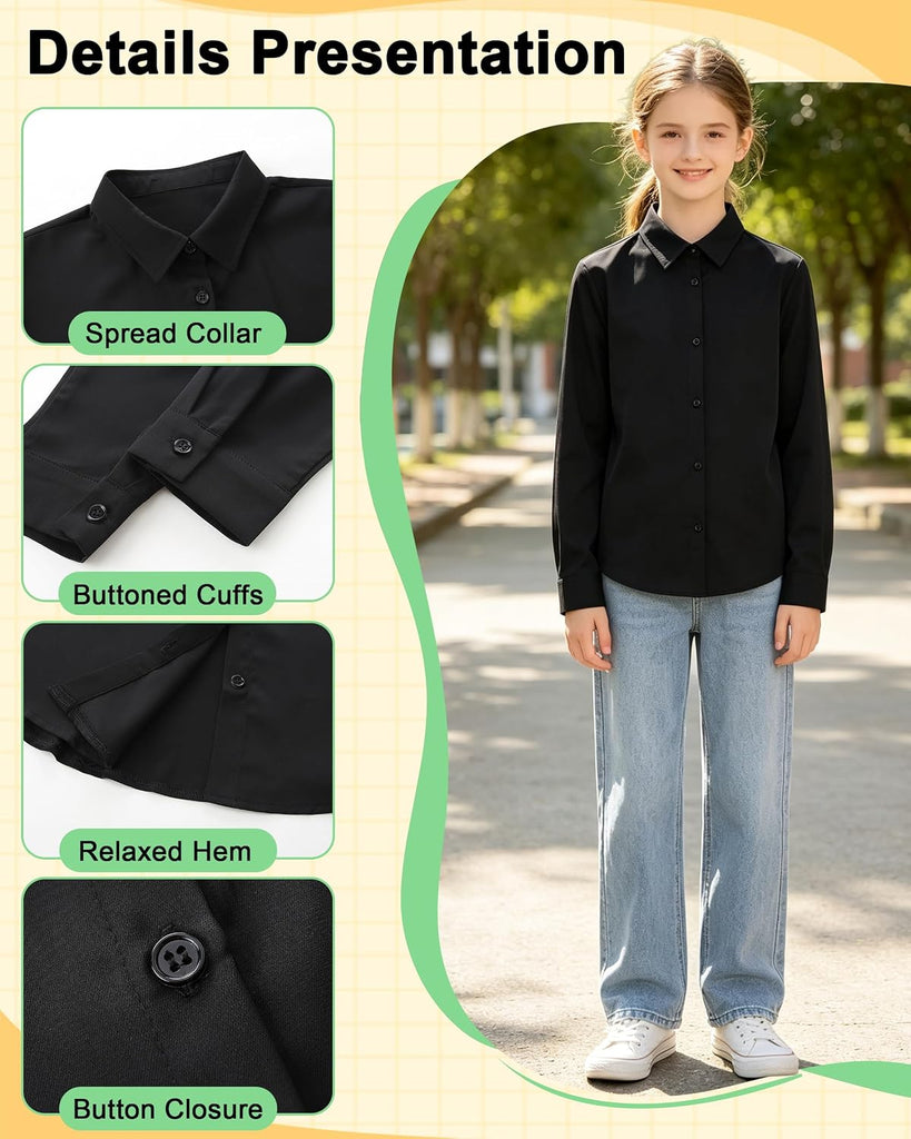 Girls Button Down Shirts Kids Long Sleeve Uniform Collared Blouse