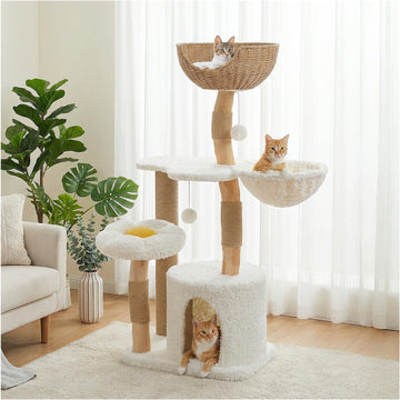 Boho Cat Tree for Large Cats, 48.5" Flower Cat Tower, White