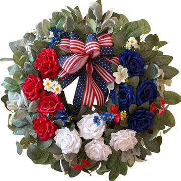 24 Inch Patriotic Wreath, Rose 4th of July Wreaths for Front Door