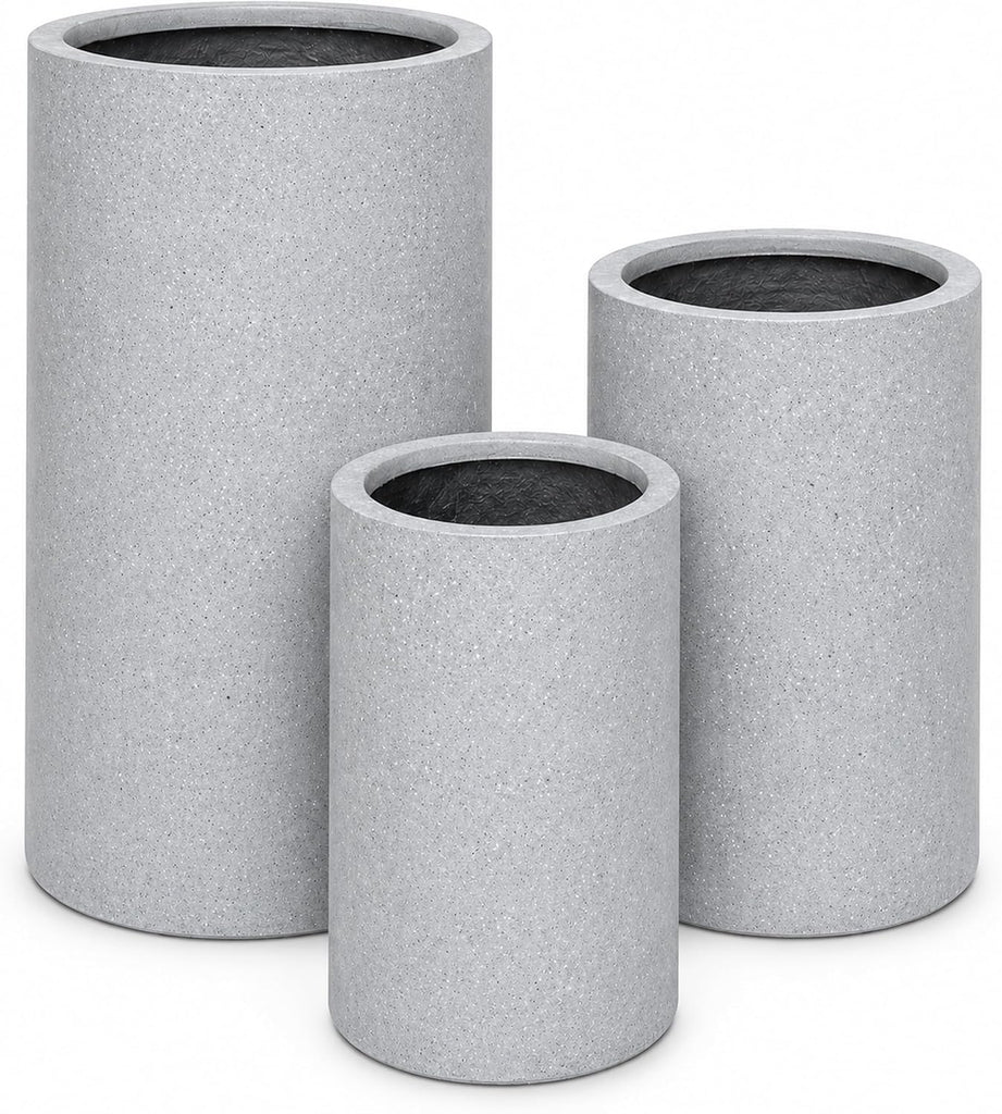 Set of 3 Tall Cylinder Polystone Indoor/Outdoor Planters, Gray