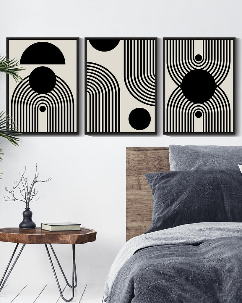 Black and White Abstract Framed Wall Art Decor Duotone Minimal Dark Brush Stroke Prints Shapes Illustrations Modern