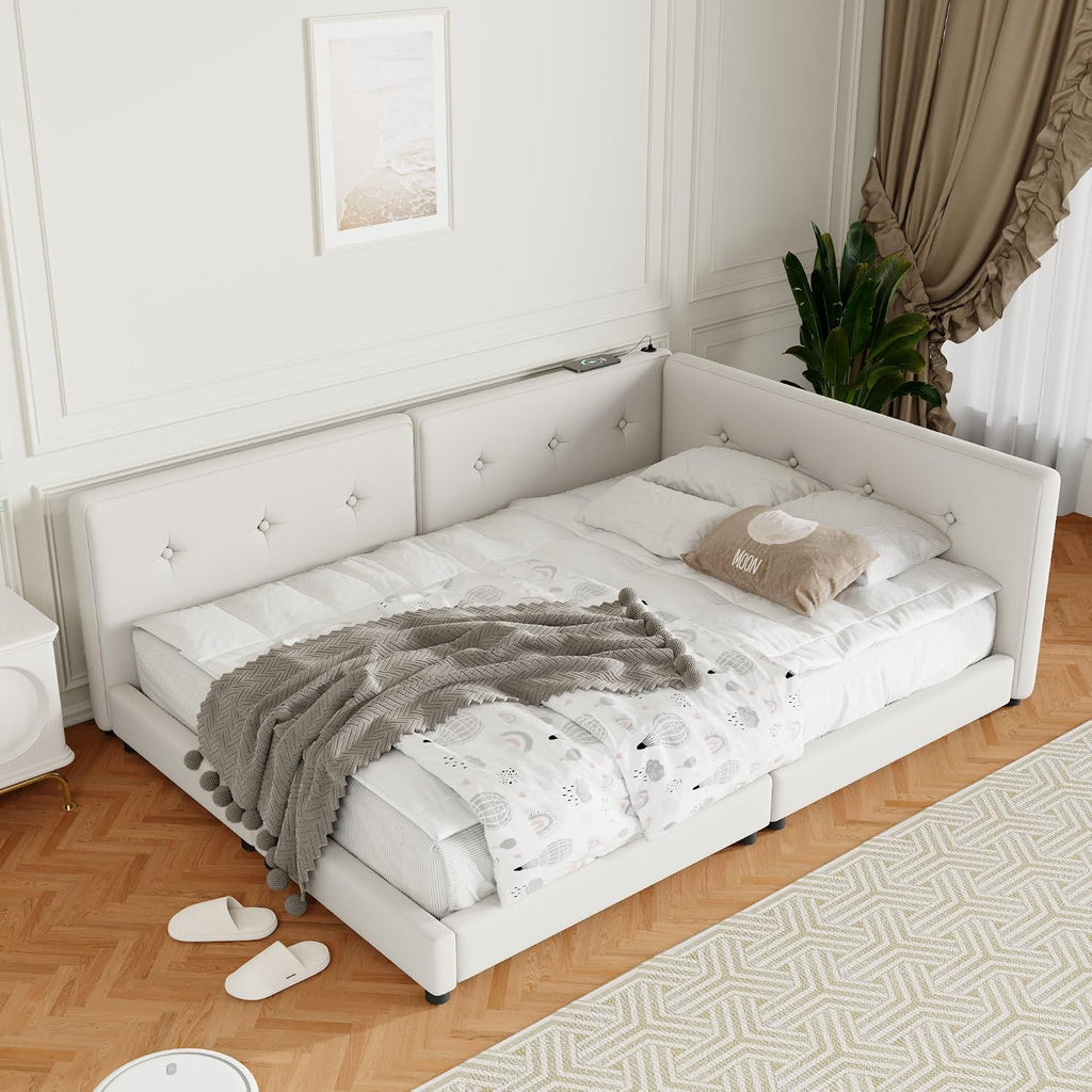 Queen Size Modern Upholstered Platform Bed with USB Ports, Floor Daybed with Wood Slat Support/Queen,Beige