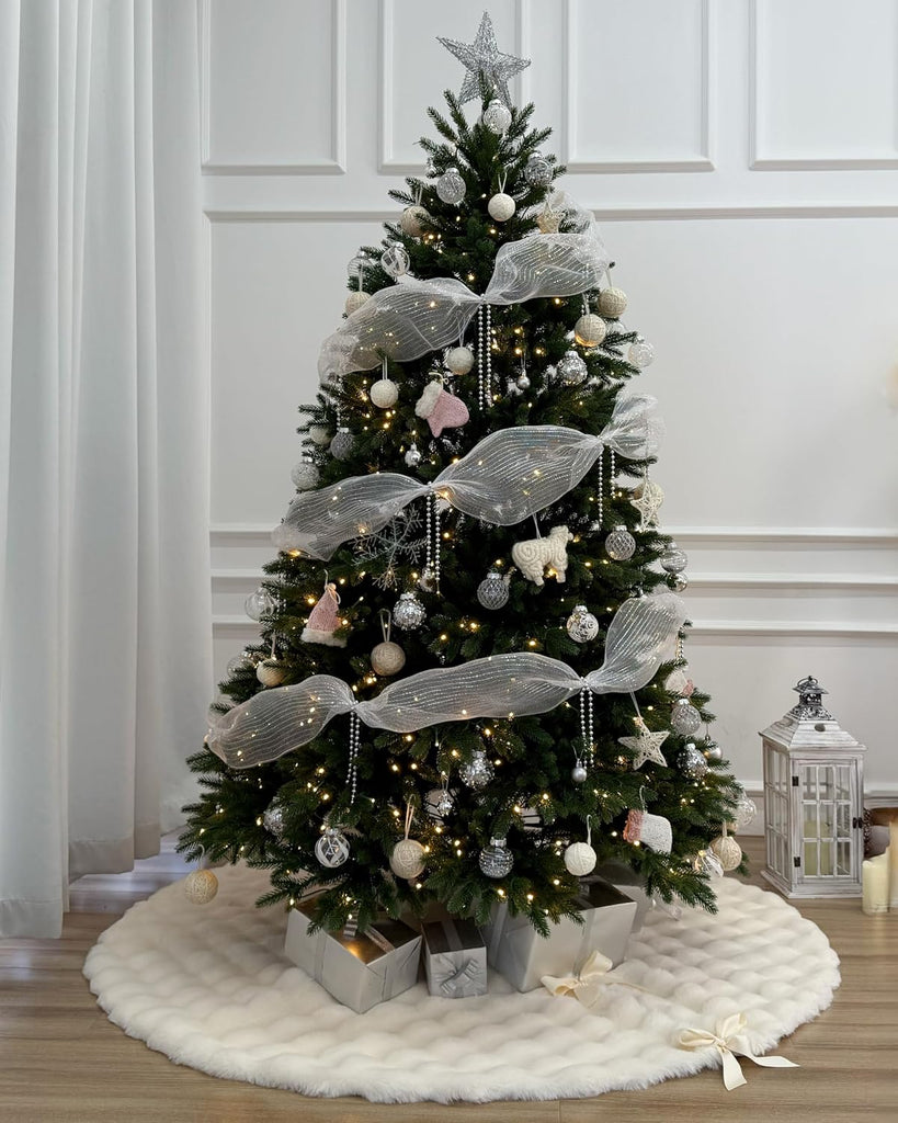 60-Inch Puff Quilt Faux Fur Christmas Tree Skirt, Soft Plush Tufted Texture with Satin Ribbon Ties, Cream