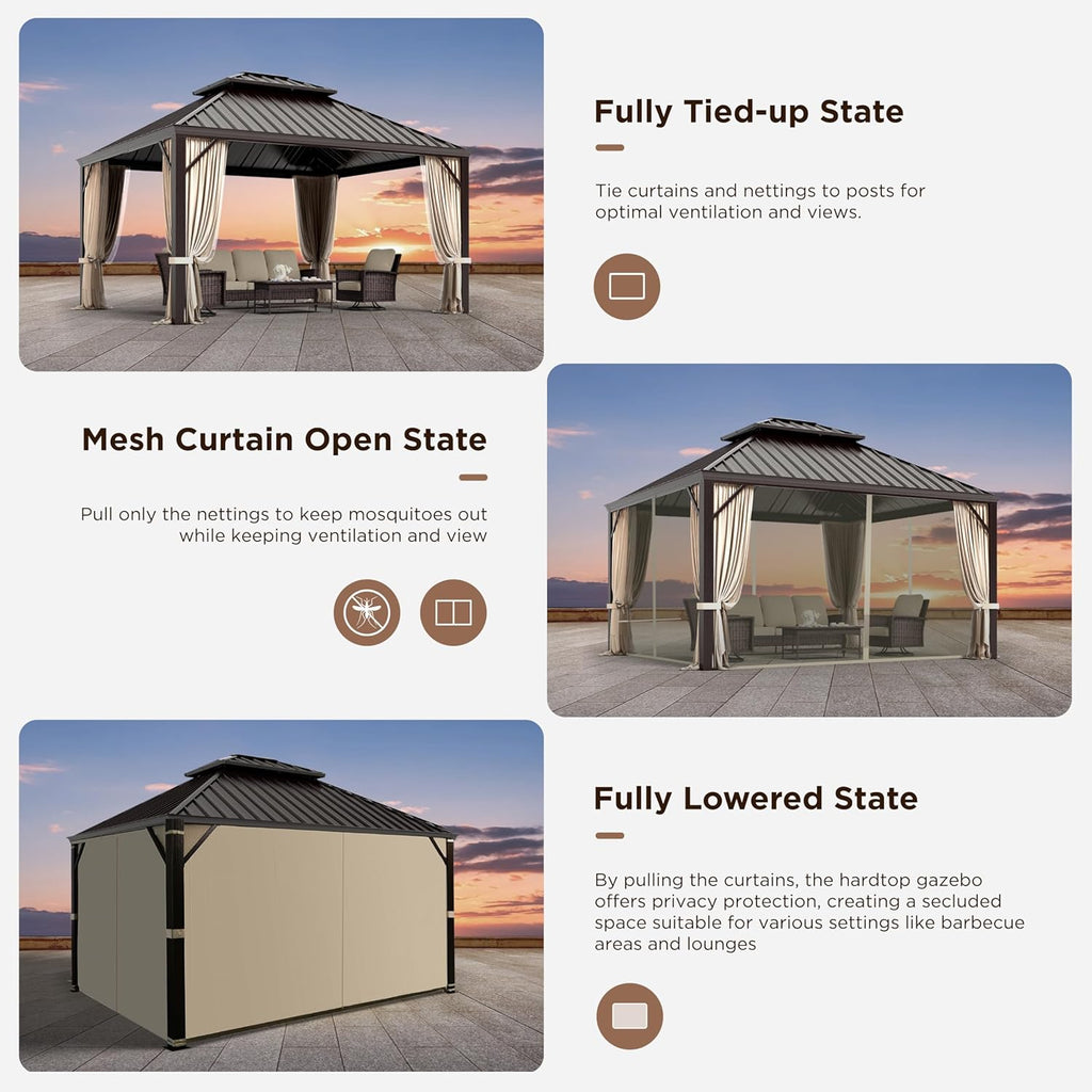 12 X 14ft Hardtop Gazebo with Nettings and Curtains, Heavy Duty Double Roof Galvanized Steel