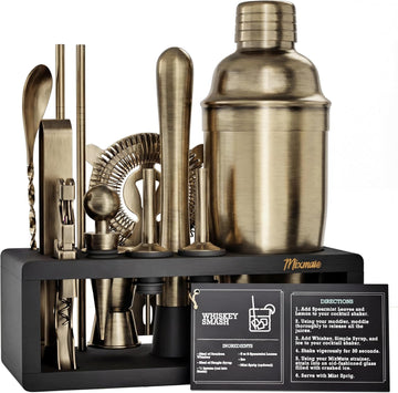 Brushed Brass Mixology Kit - Bar Tool Set, Silver Bar Set Cocktail Shaker Set for Drink Mixing - Includes - Set of 15