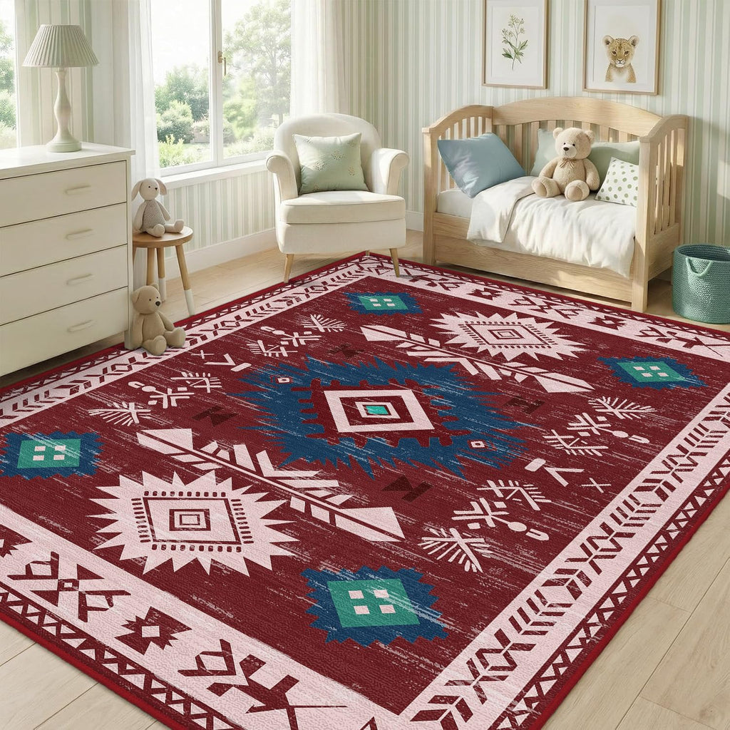 Western Rugs Non Slip, Southwestern Area Rugs Kitchen Bedroom Nursery, Washable Rubber Backing, Aztec Red