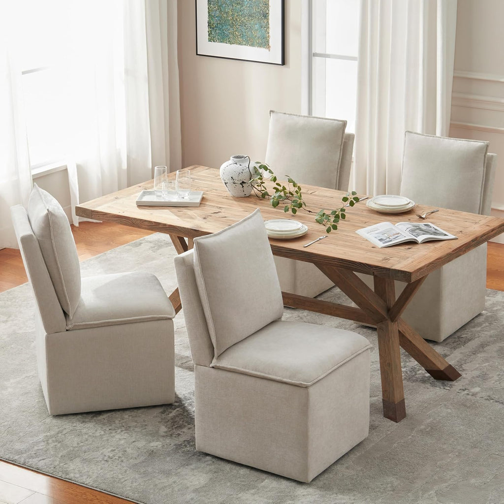 Upholstered Dining Chairs Set of 2, Modern Rolling Chairs with Storage and Wheels, Linen Armless Chair with Cushion