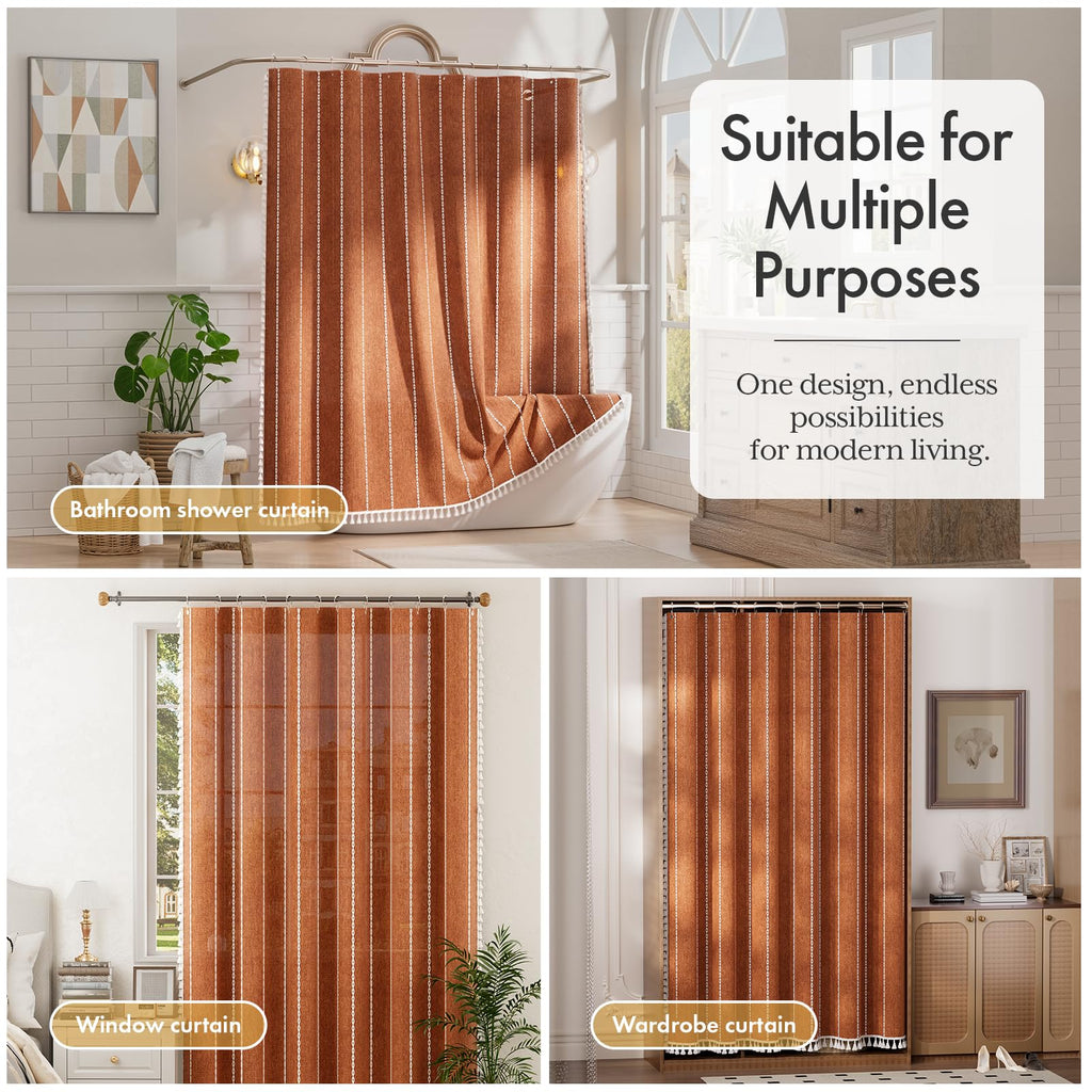 Farmhouse Shower Curtain Boho with Tassels, Linen Blend Heavy Duty Fall Shower Curtain Set with 12 Metal Hooks