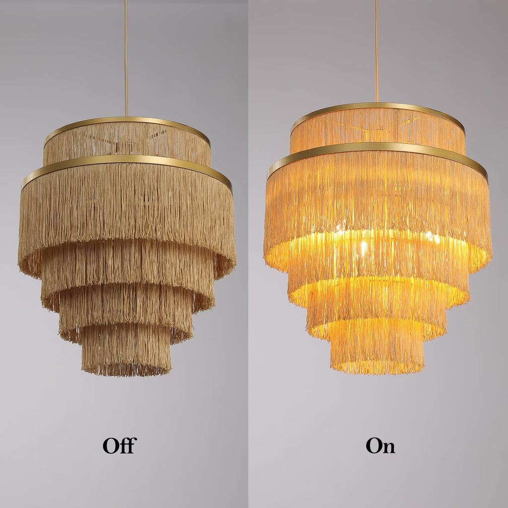 5-Tiered Boho Chandelier with Metal and Fringe, 3 Lights Fringe Pendant Light Fixture, Tassle Chandelier, Baby