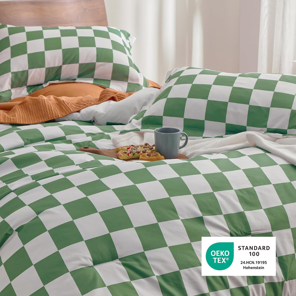 Twin/Twin XL Comforter Set - Twin Extra Long Comforter Set, Checkered Dorm Bedding for Boys, 2 Pieces, 1 Soft Green