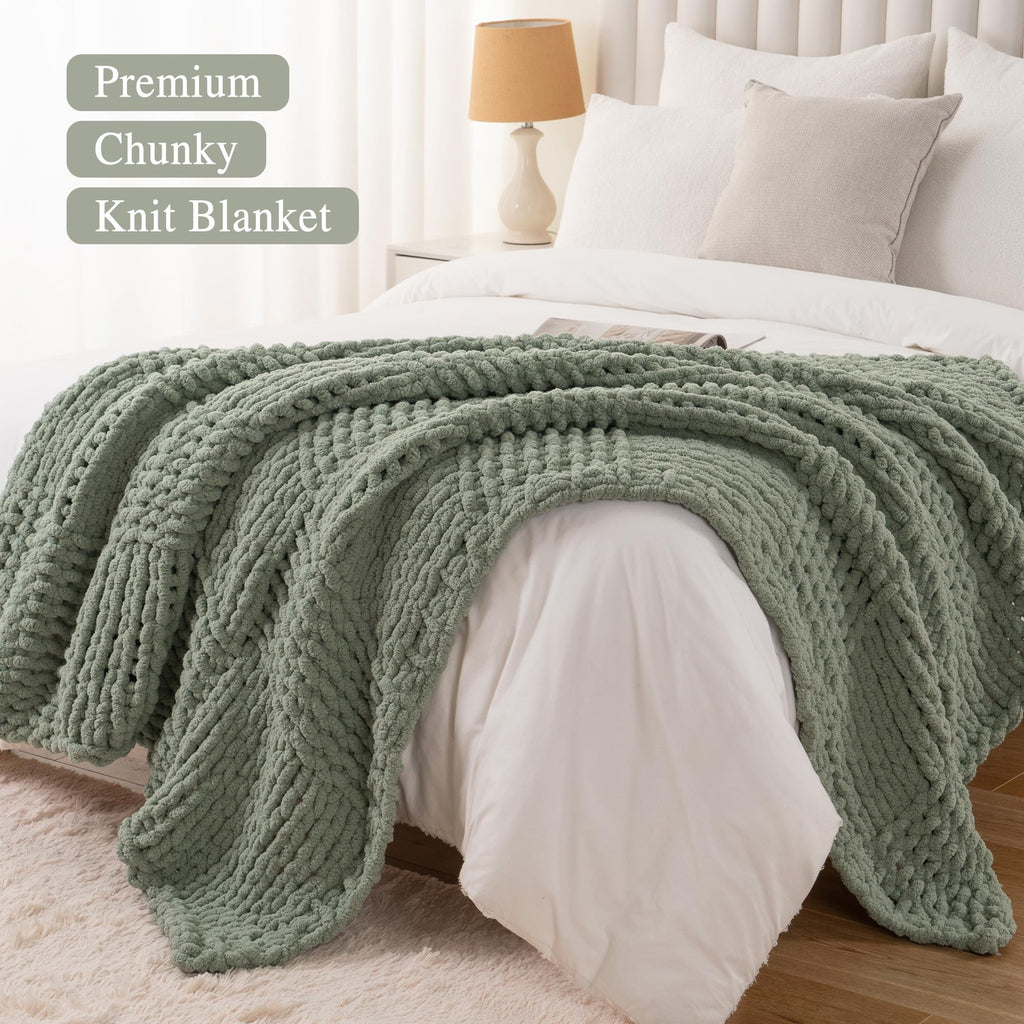 Chunky Knit Throw Blanket for Couch, Sage Green, 50"x60"