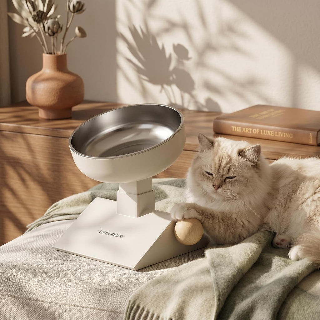 Adjustable Elevated Cat Bowl, 304 Stainless Steel Bowl, 18oz (White)