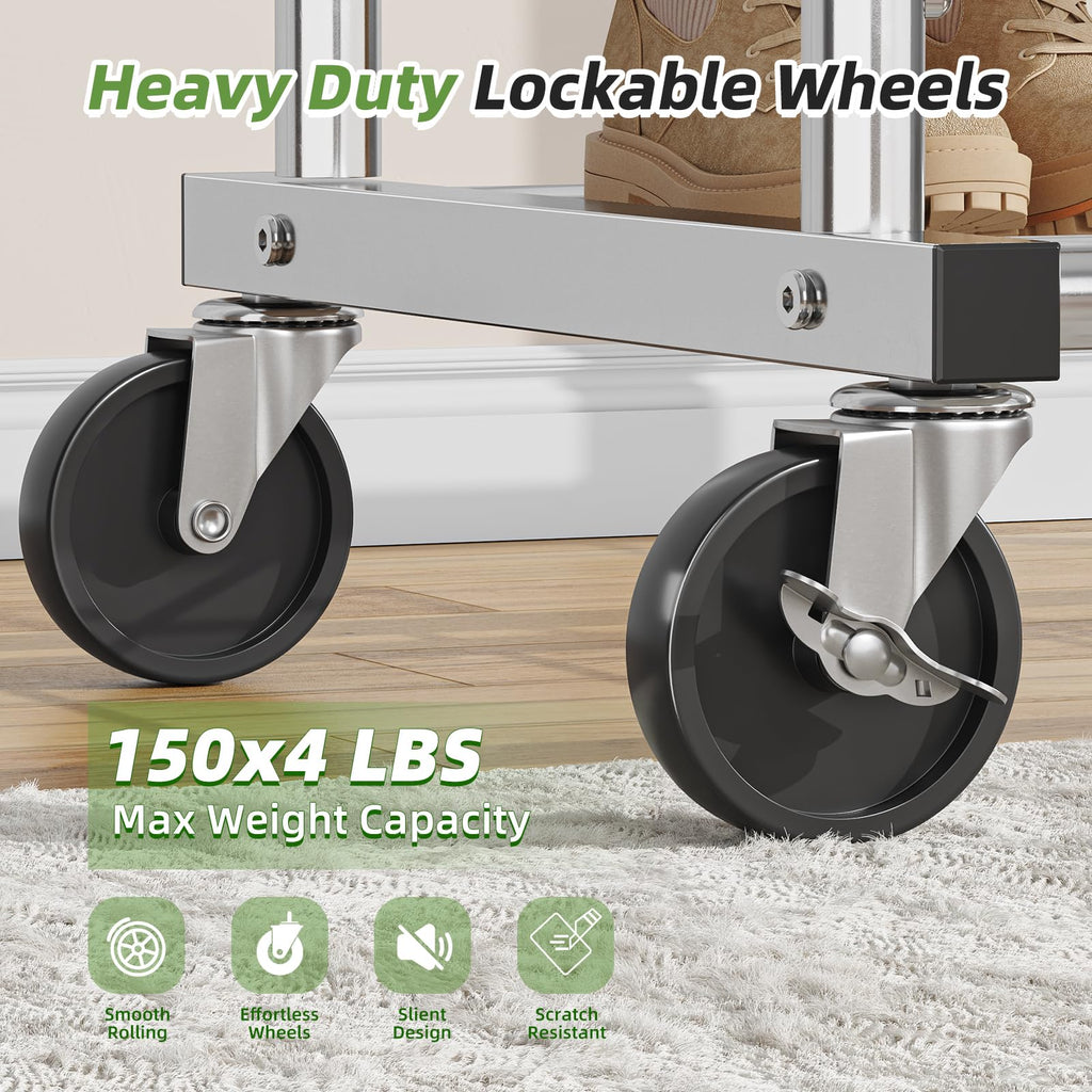 Heavy Duty Clothes Rack, Rolling Clothing Rack for Hanging Clothes Load 650 LBS with 2 Sturdy Shelves, Garment Rack