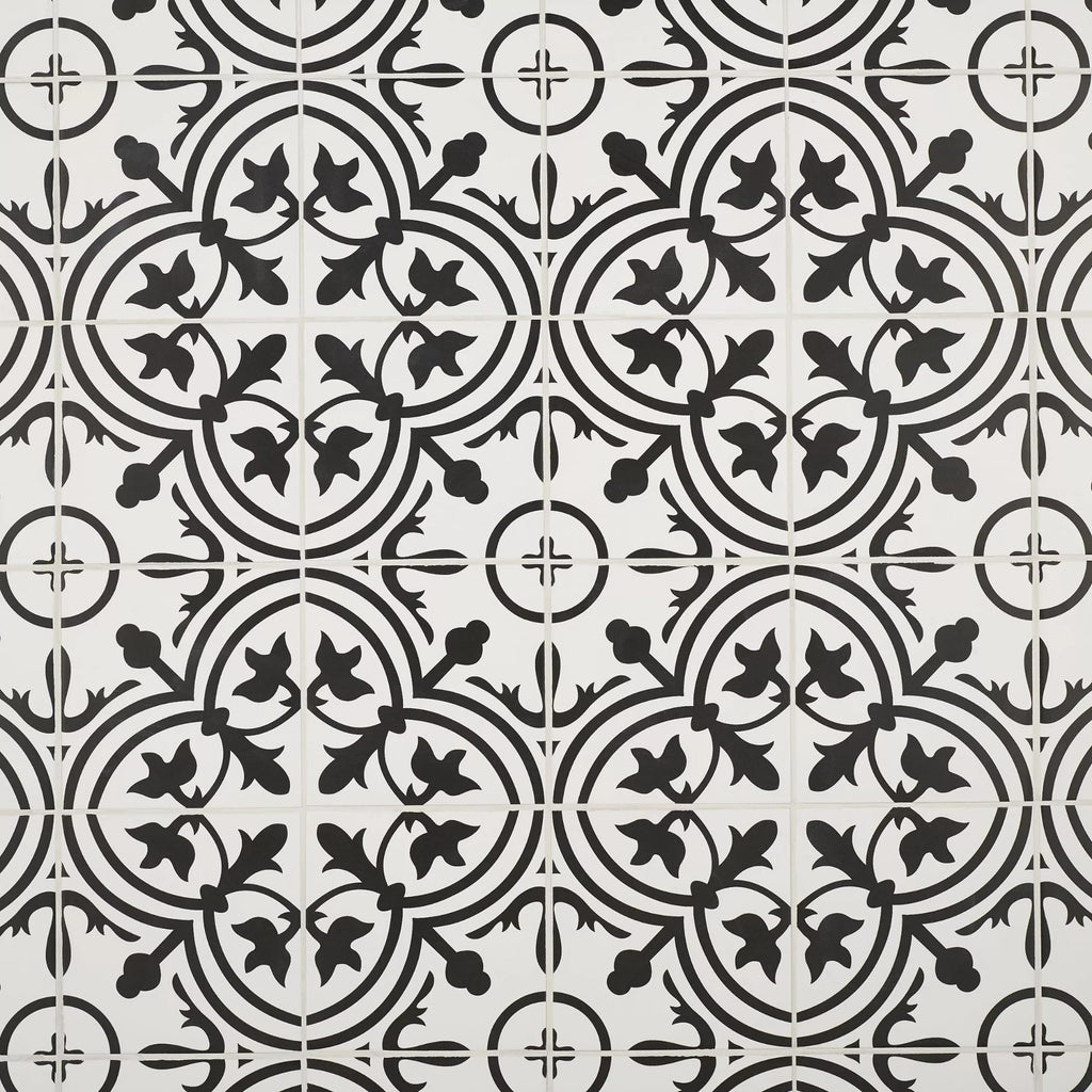 Noir Vine 8" x 8" Black and White Matte Porcelain Tile for Floor and Wall, Spanish Decorative Pattern, Indoor Outdoor