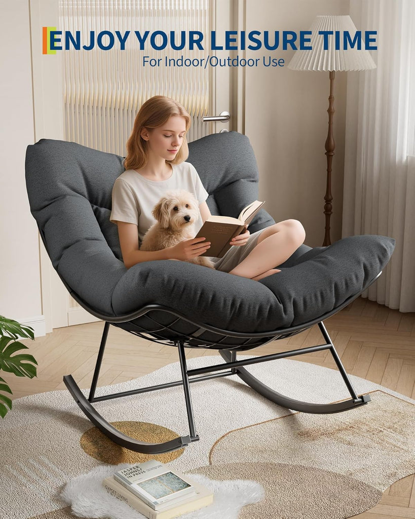 Outdoor Papasan Rocking Chair for Balcony Backyard Porch Bedroom | Oversized Rocking Chair with Sturdy Metal Frame