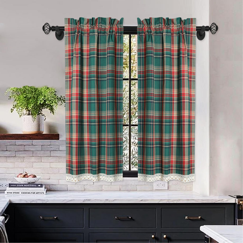 2 Pcs Scottish Plaid Tier Curtains Rod Pocket Small Window Curtain Green Vintage Geometric Design Kitchen Bathroom
