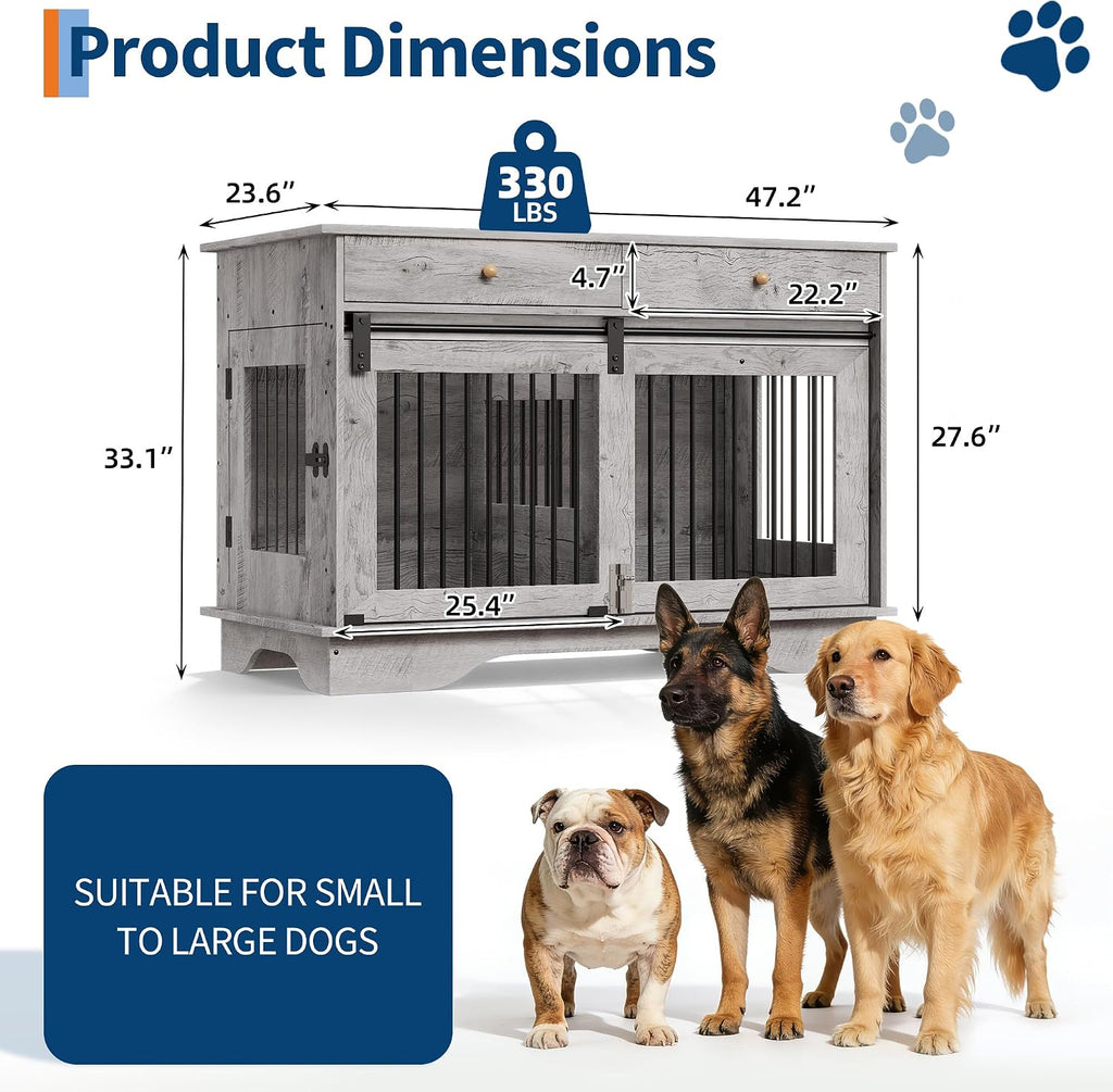47" Dog Crate Furniture for 2 Dogs, Double Dog Kennel with Removable Divider & 2 Drawers, Decorative TV Stand Side