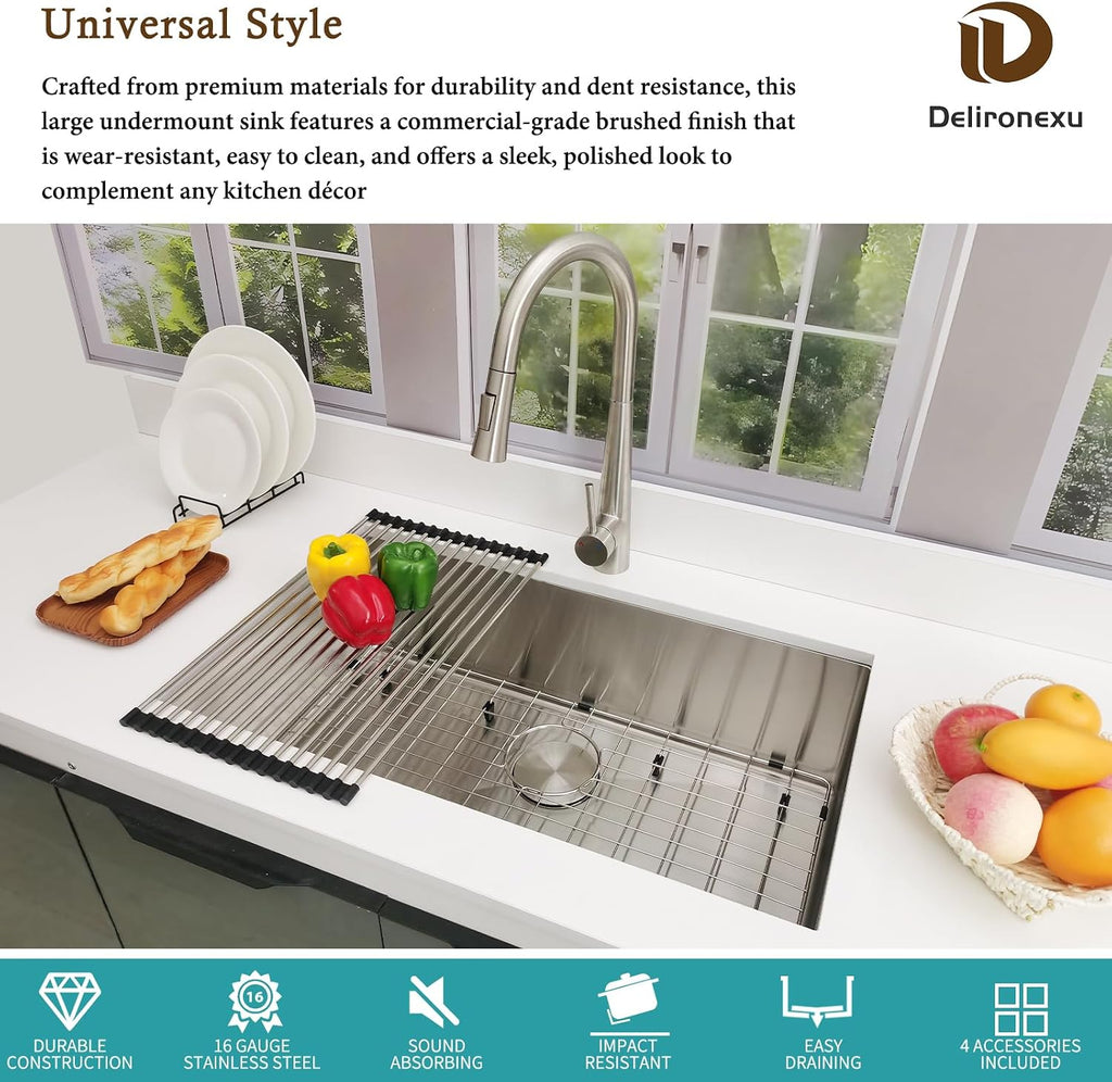 32 Inch Undermount Kitchen Sink - 16 Gauge Stainless Steel Kitchen sink Single Bowl, 32''x18'' Undermount Sink with