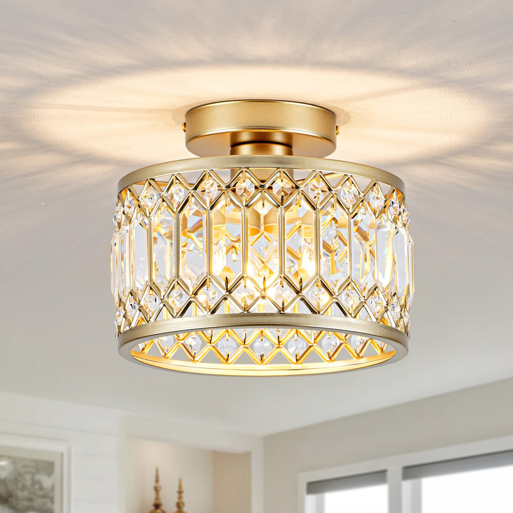 9 Inch Crystal Ceiling Light, Gold Semi Flush Mount Light Fixture, Small Flush Mount Chandelier, Modern Light Fixture