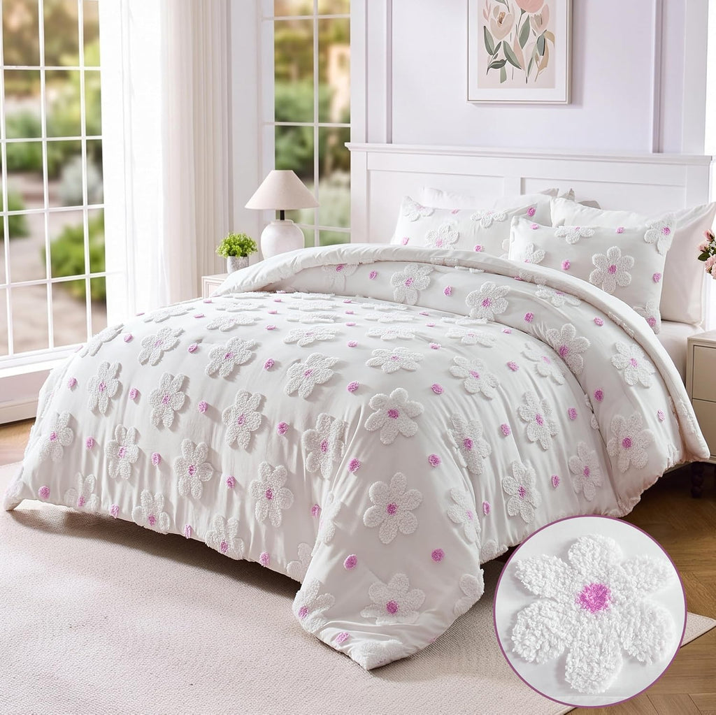 Full Comforter Set for Girls 3 Pieces Soft Pink Tufted Daisies Flowers Bedding Set Bed in A Bag Cute Floral Comforter